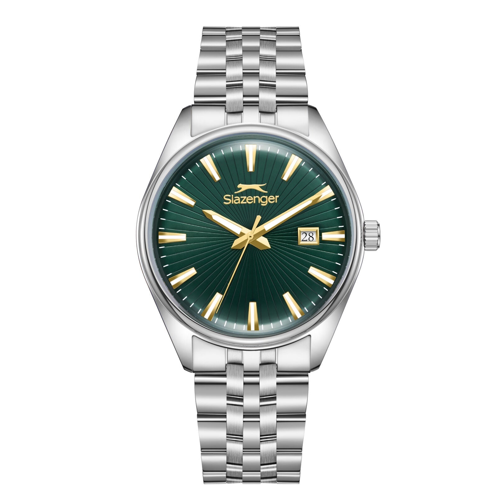 Slazenger Heritage watch with dark green dial, gold markers, date window, and silver bracelet