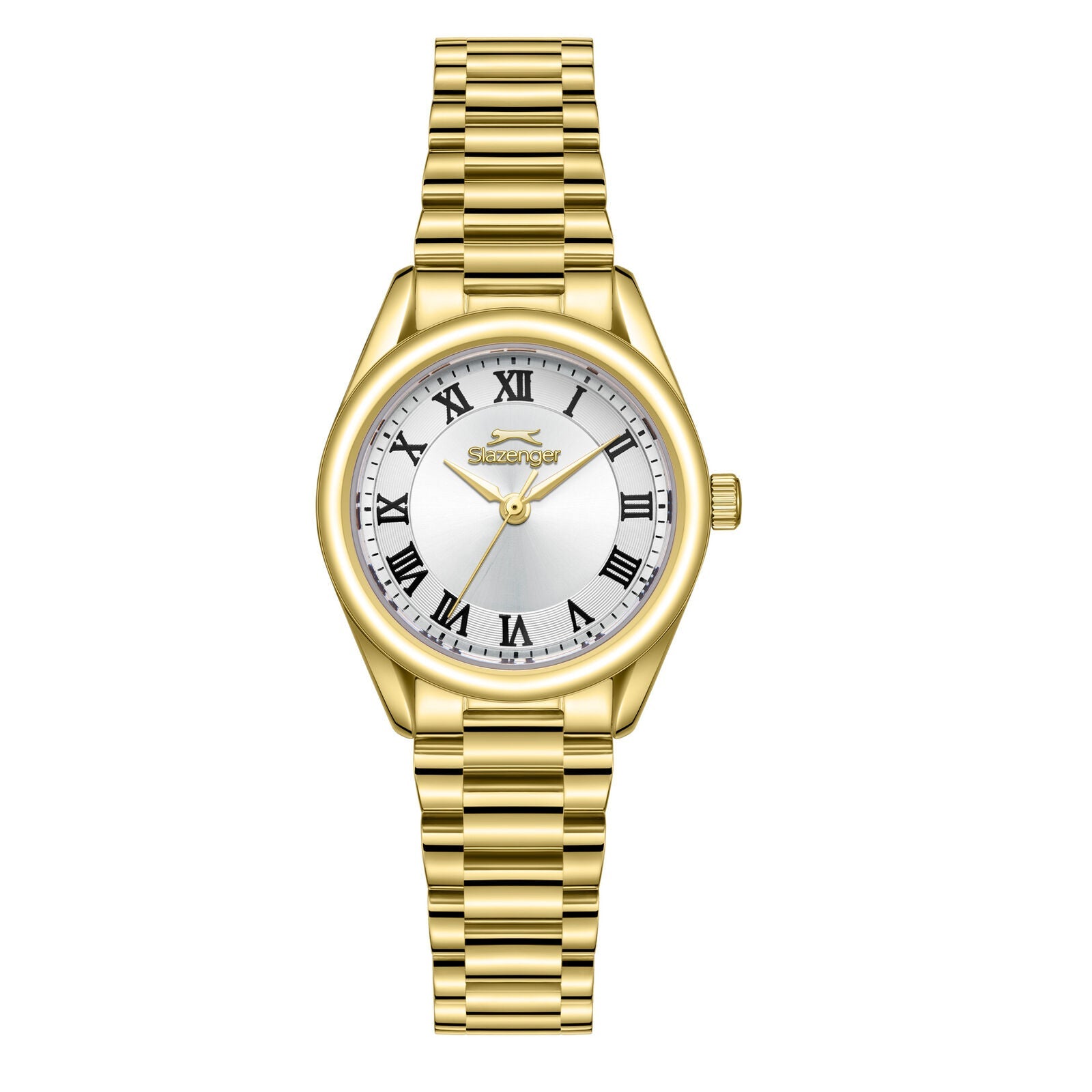 Slazenger gold watch with silver dial and Roman numeral hour markers