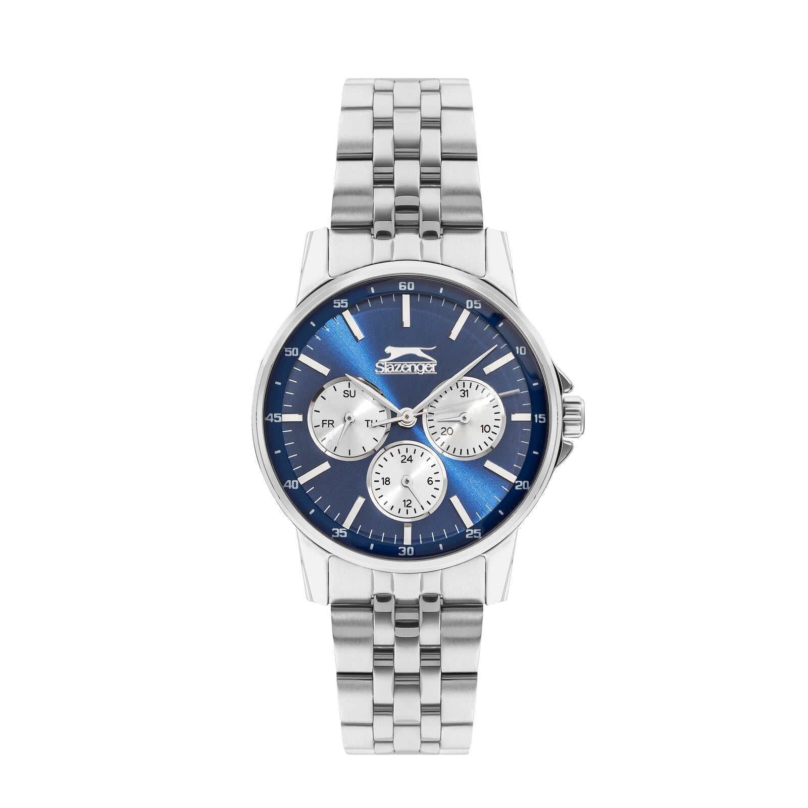 Slazenger multifunction watch with blue dial, silver case and bracelet, white subdials