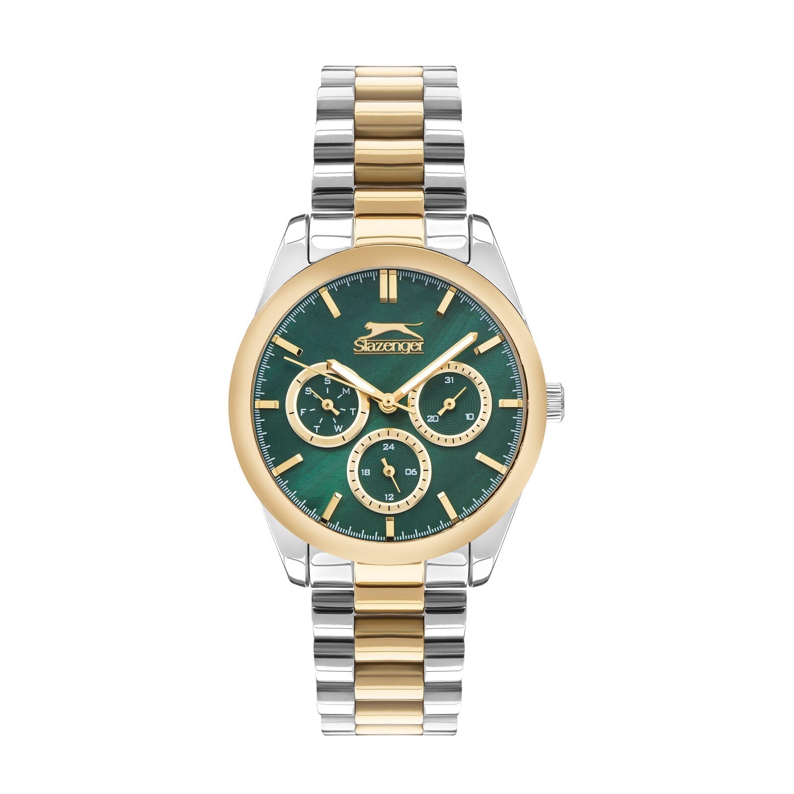 Slazenger two-tone watch with green dial and multifunction subdials