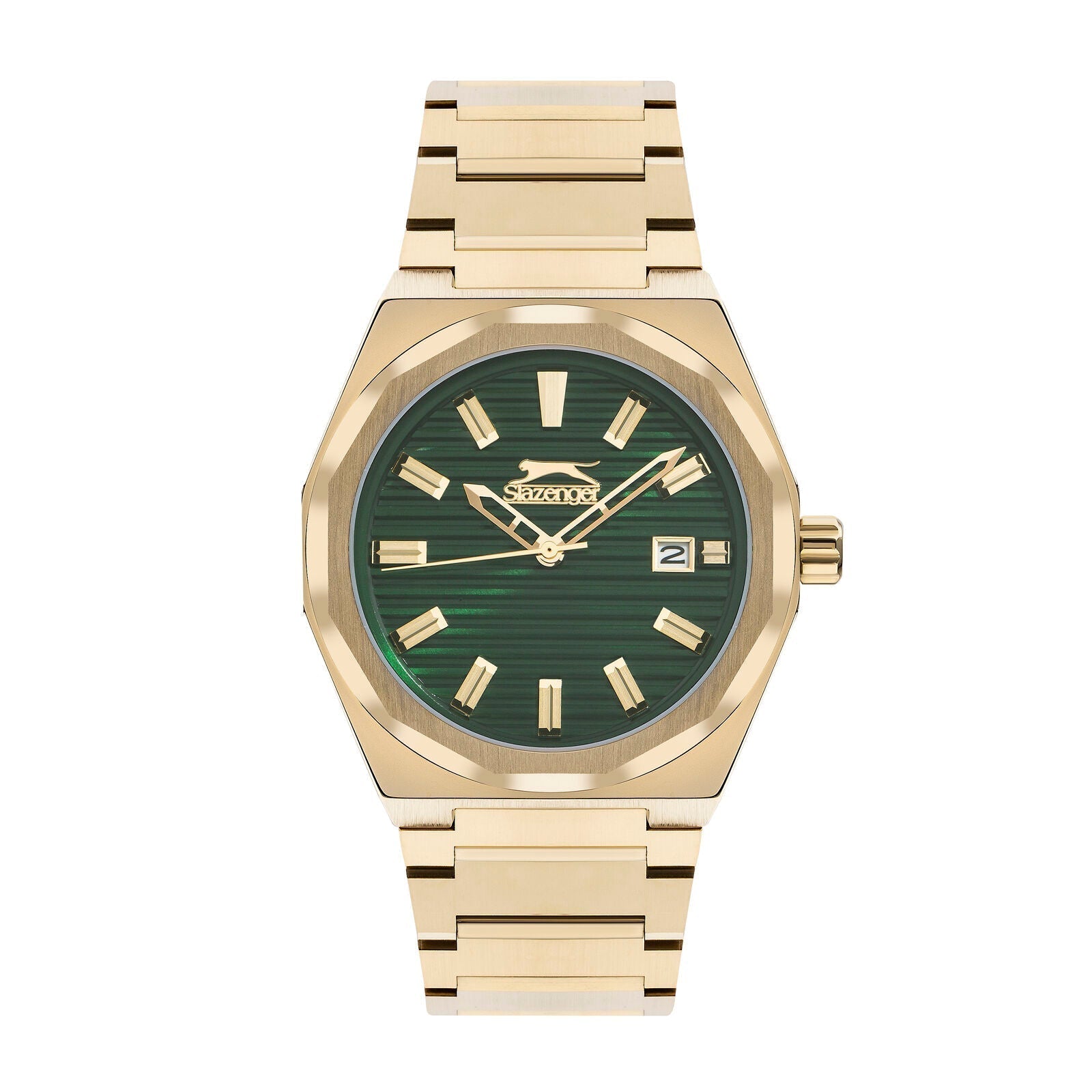 Slazenger octagonal gold watch with green dial, gold bar indices, day-date window, and gold link bracelet