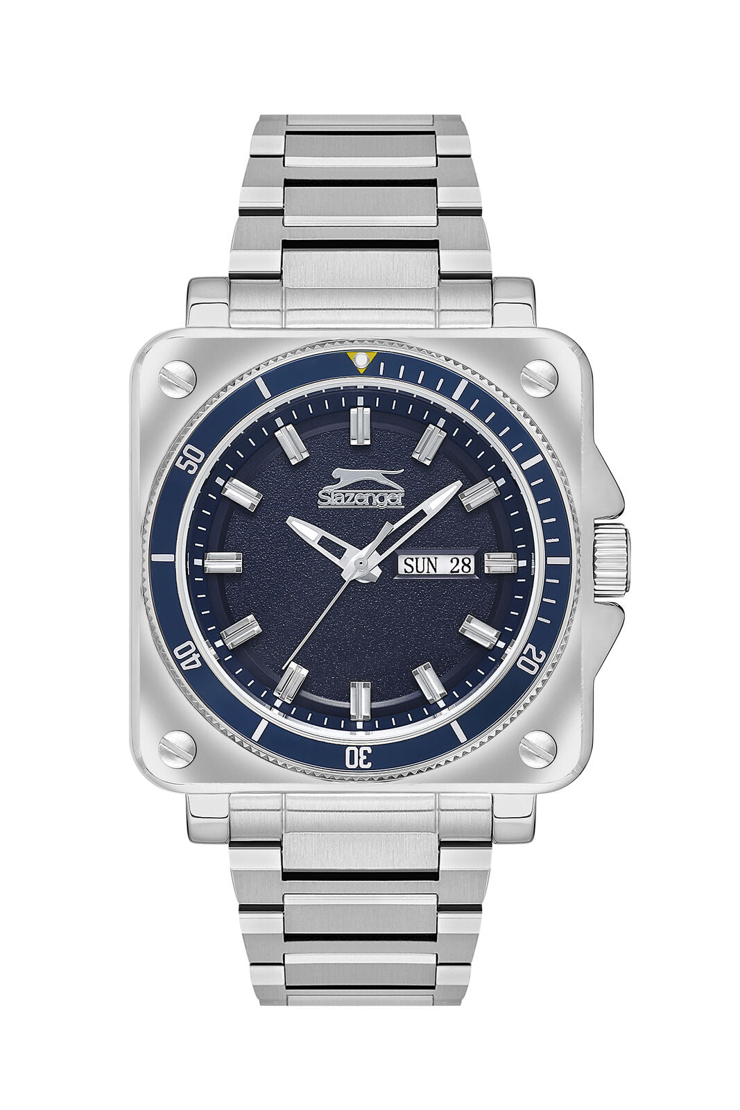 Slazenger square case watch with blue dial, day date window, and silver stainless steel bracelet