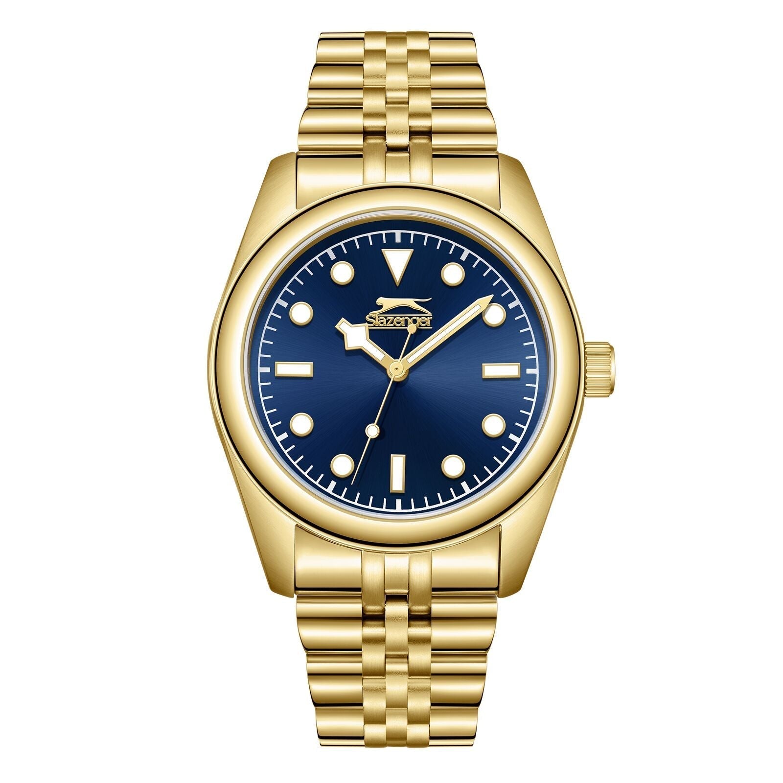 Slazenger gold watch with navy blue dial and three hands, front view