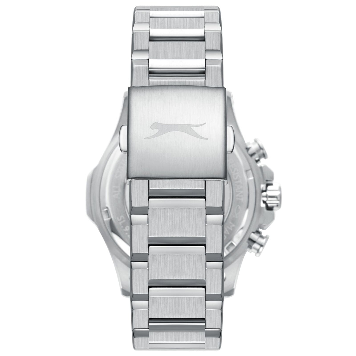 Caseback view of Slazenger watch showing silver stainless steel back with Slazenger logo