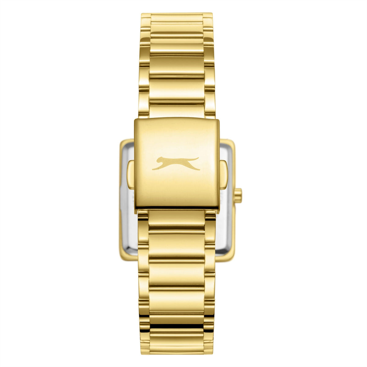 Slazenger gold tank watch rear view showing caseback and bracelet