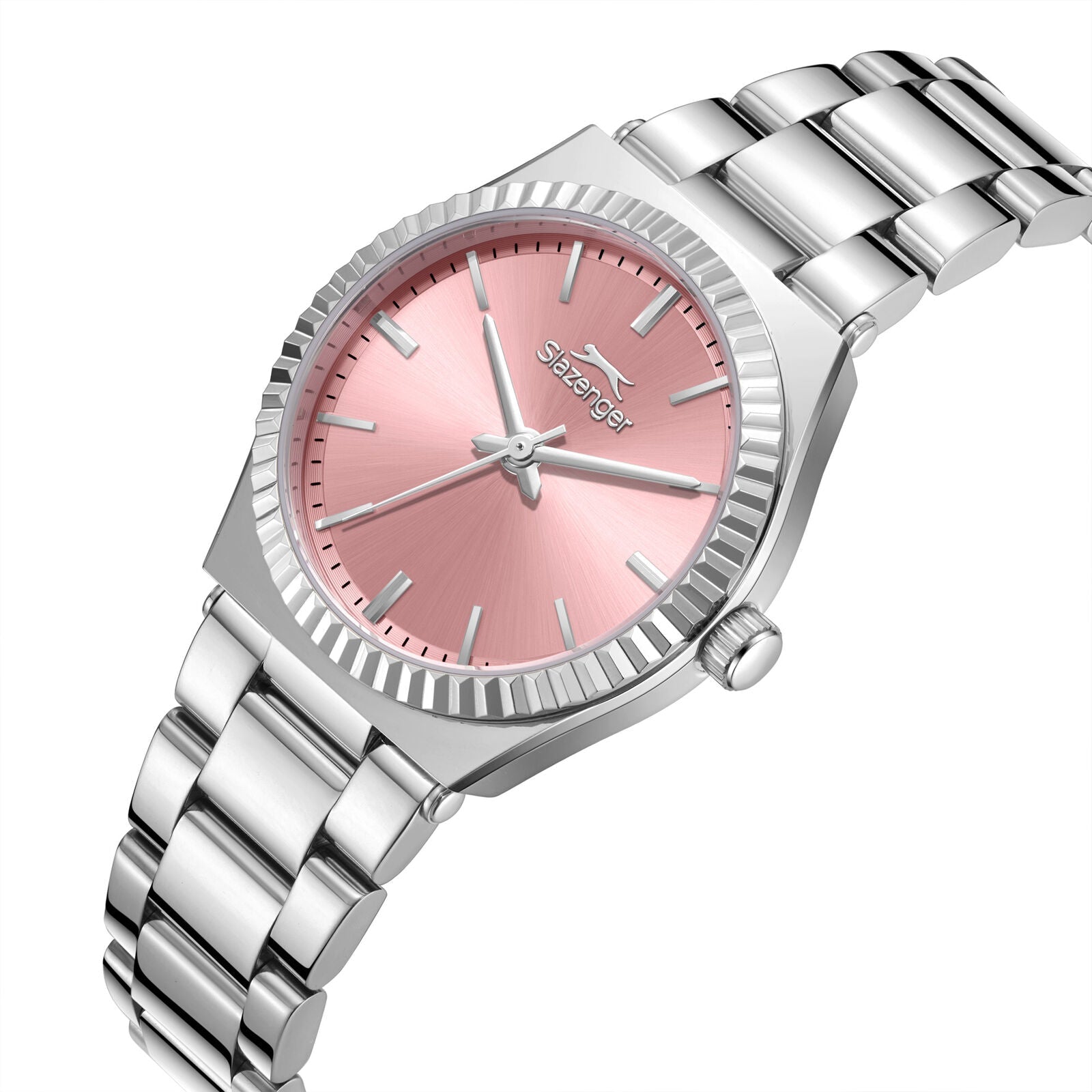 Side angle view of Slazenger watch showing pink MOP dial, textured bezel, and silver-tone link bracelet