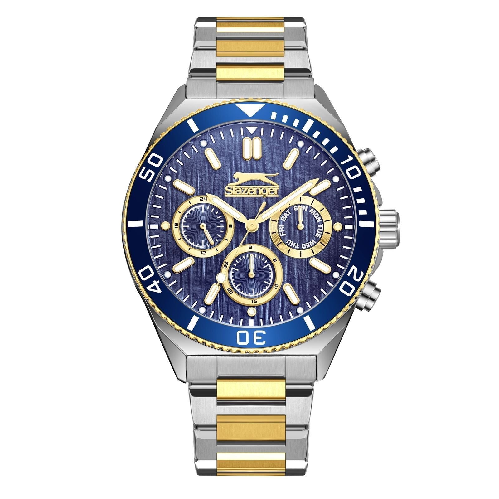 Slazenger Sport chronograph watch with navy blue dial and two-tone steel bracelet
