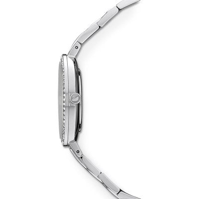 Side profile of Swarovski watch showing silver steel case and bracelet