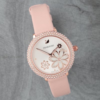 Swarovski Crystal Frost White Dial Pink Leather Strap Women's Watch 5519223