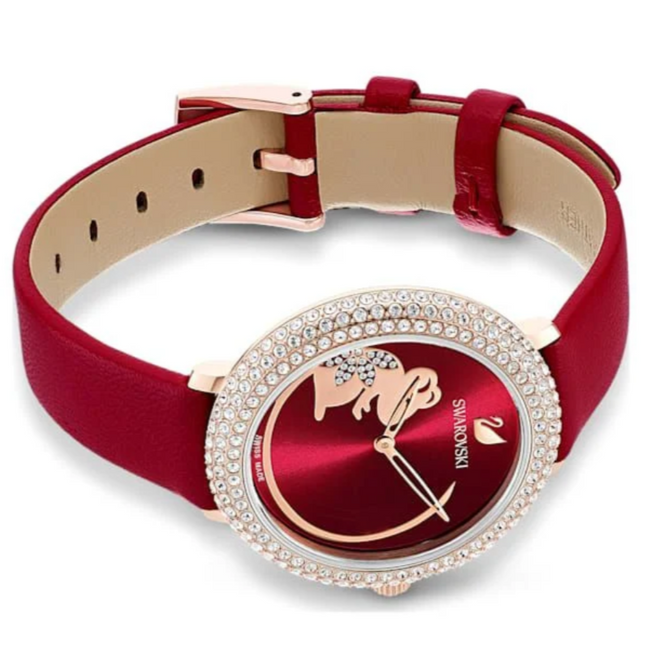 Crystal Frost watch on wrist showing red dial and leather strap
