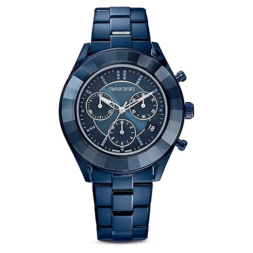 Swarovski metal chronograph watch with blue dial and blue metal bracelet