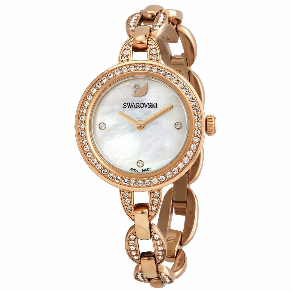 Swarovski Aila women's watch angled view showing rose gold case, bezel crystals, white dial, and link bracelet