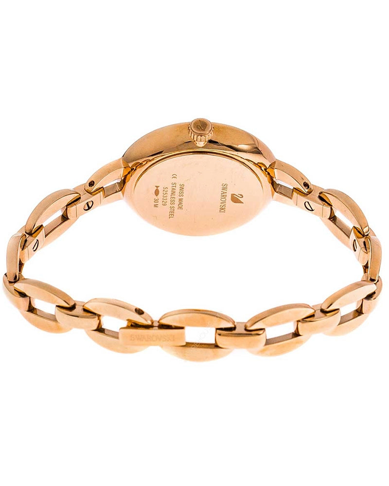 Swarovski Aila watch caseback showing engraved text and rose gold stainless steel construction