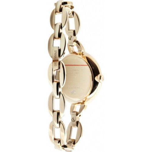 Side view of Swarovski Aila Mini watch showing crystal-embellished gold bracelet