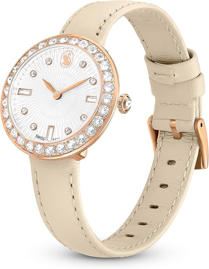 Swarovski Certa watch on wrist showing beige leather strap and rose gold case