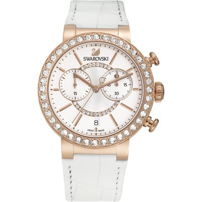 Swarovski Citra Sphere Chrono white dial rose-gold watch with crystal bezel and white leather strap