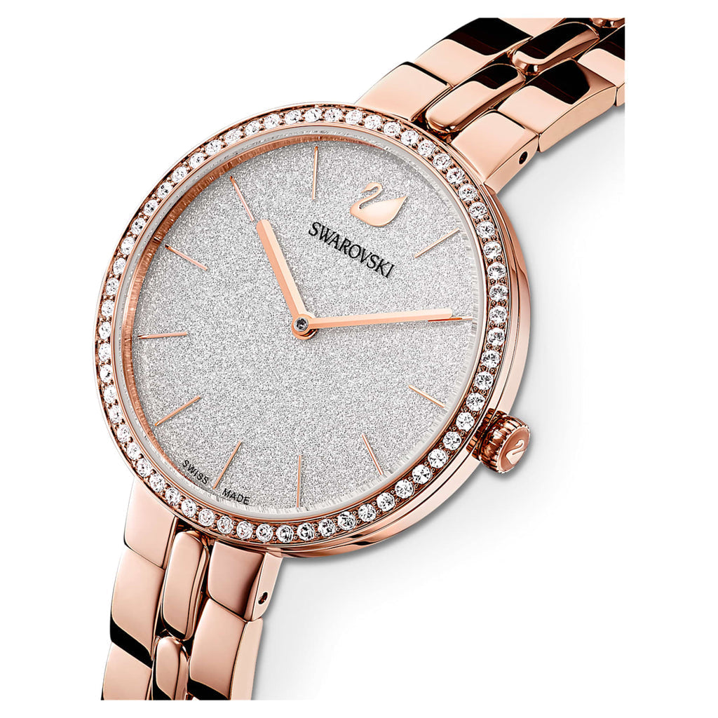 Swarovski Cosmopolitan watch angled view showing rose gold metal bracelet and crystal bezel