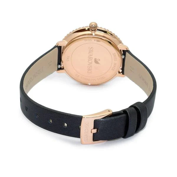 Caseback view of Swarovski watch showing rose gold case and black leather strap attachment