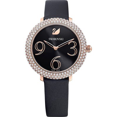 Swarovski Crystal Frost women's watch with black dial, rose gold case, crystal bezel, and black leather strap