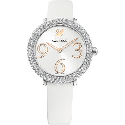 Swarovski Crystal Frost women's watch with silver dial, crystal bezel, and white leather strap
