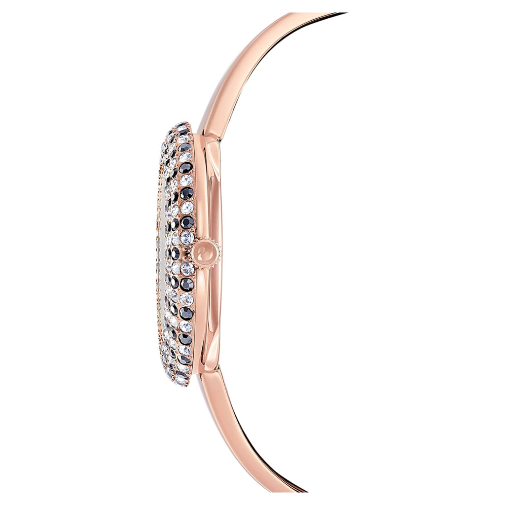 Side profile of Crystal Rose watch showing rose gold-tone metal bracelet and crystal bezel