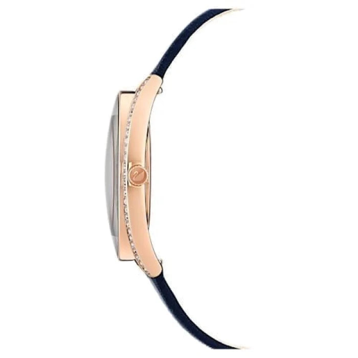 Side profile of Crystalline Aura rose gold watch with navy strap