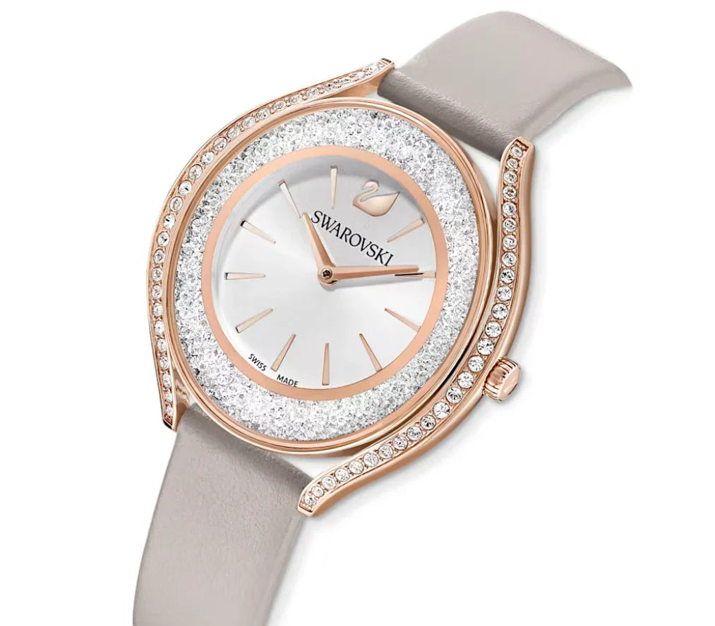 Angled view of Swarovski Crystalline Aura watch with floating crystal bezel and grey strap