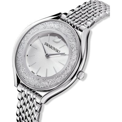 Angled view of Swarovski Crystalline Aura women's watch with crystal-adorned bezel and bracelet