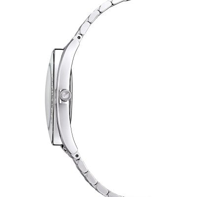 Side view of Swarovski Crystalline Aura watch showing silver-tone case profile and bracelet