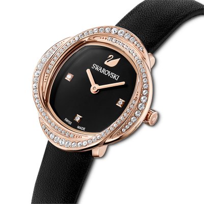 Angled view of Swarovski Crystalline Aura rose gold watch on wrist with crystal bezel