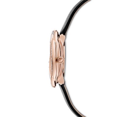 Side profile of Swarovski Crystalline Aura rose gold watch with black leather strap