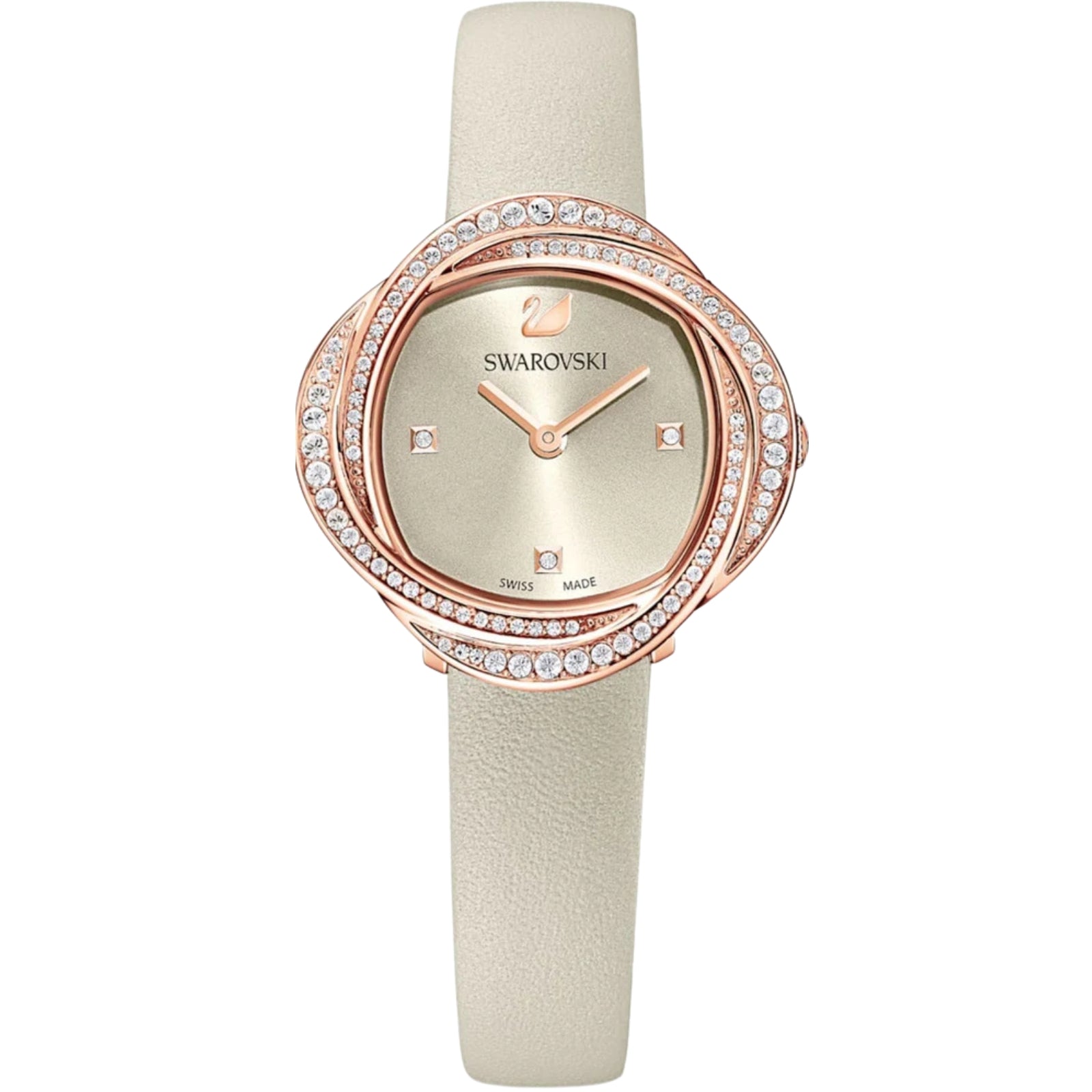 Swarovski Crystalline Aura women's watch with ivory dial and rose gold pavé bezel on cream strap