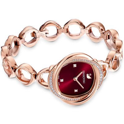 Swarovski Crystalline Aura rose gold watch with linked bracelet and burgundy dial