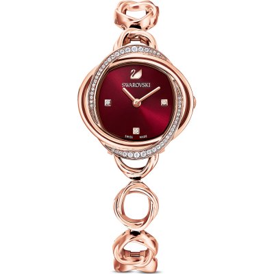 Swarovski Crystalline Aura rose gold watch with burgundy dial and crystal pave bezel