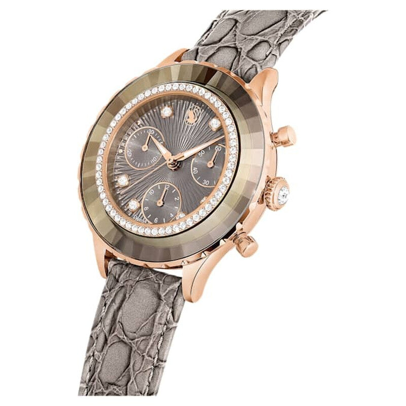 Side angled view of Crystalline Aura watch showing crystal bezel and grey leather strap