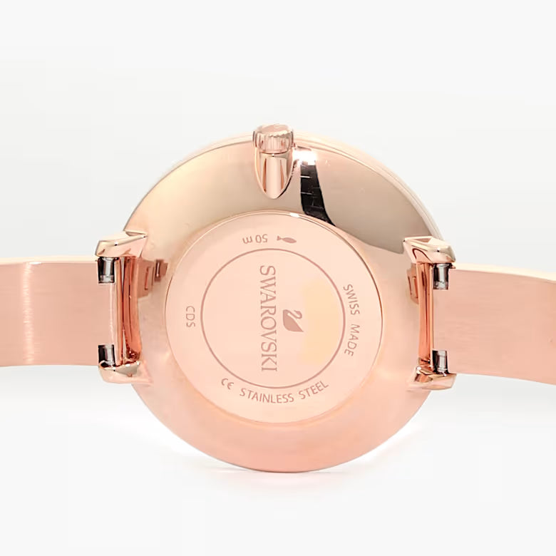 Caseback of Swarovski Crystalline Delight watch with engraved logo and stainless steel case