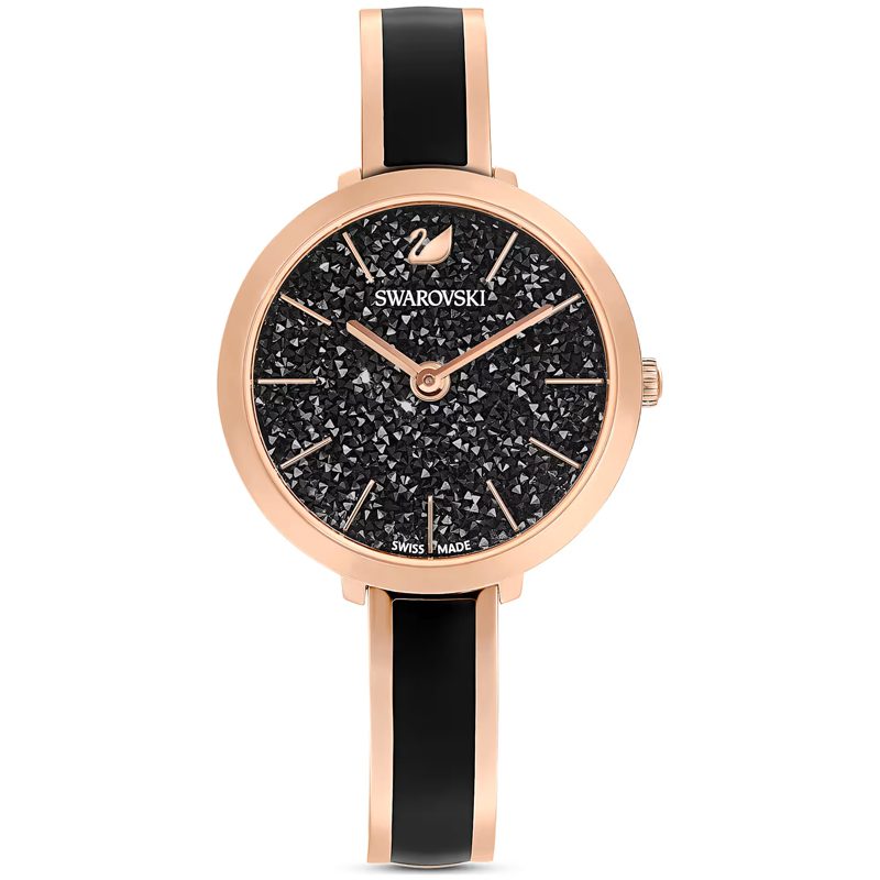 Swarovski Crystalline Delight watch front with black glitter dial and rose-gold case