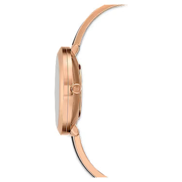 Side profile of Swarovski Crystalline Delight watch showing rose-gold case and black strap