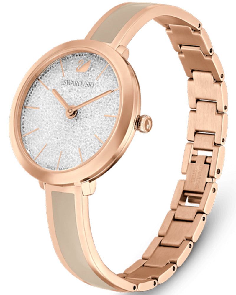 Swarovski Crystalline Delight watch featuring grey and rose gold-tone metal bracelet strap