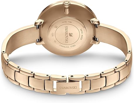 Caseback of rose gold Swarovski Crystalline Delight watch showing case design and metal bracelet