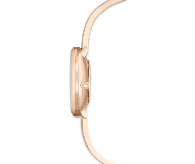 Side profile of rose gold Swarovski Crystalline Delight watch with thin case and strap