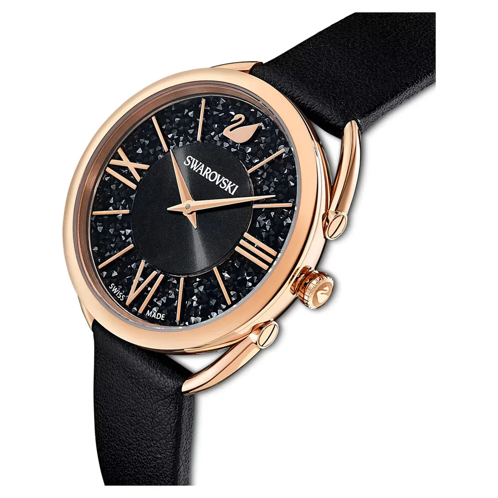 Swarovski Crystalline Glam, Leather Strap, Black, Rose Gold Tone PVD Women's Watch - 5452452