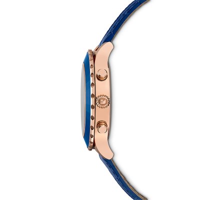 Side view of rose gold case with blue leather strap and chronograph pushers