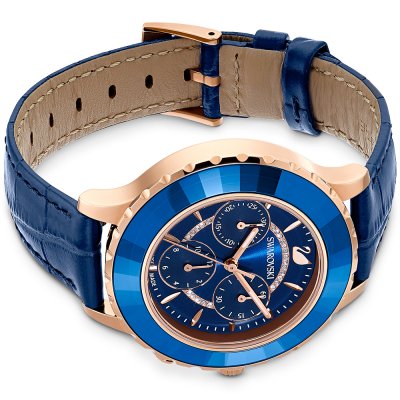 Blue leather strap with rose gold case and blue crystal bezel chronograph watch