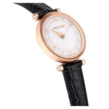 Angled view of Swarovski Crystalline Wonder ladies watch with leather strap and rose gold finish