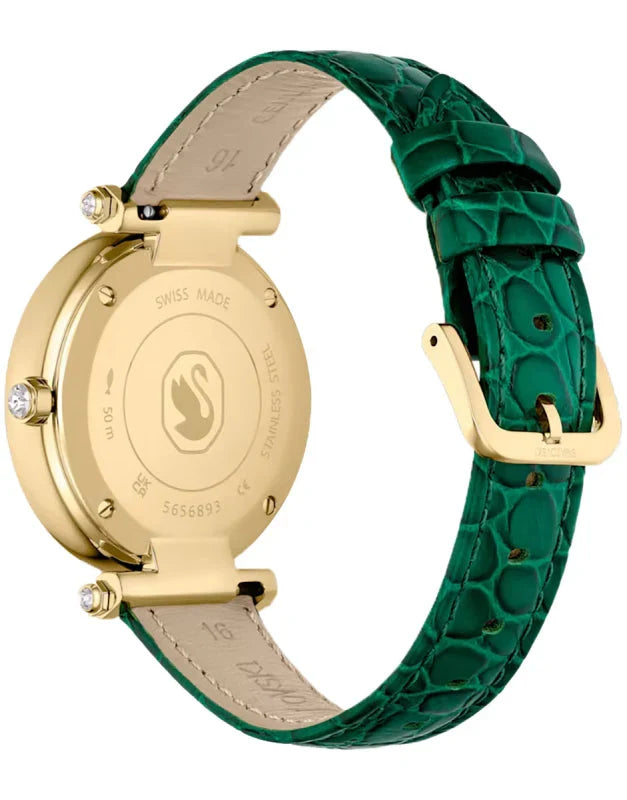 Case back of Crystalline Wonder watch showing gold-tone finish and Swarovski branding