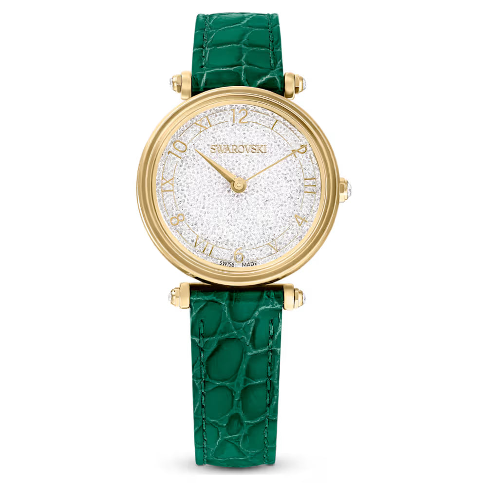 Swarovski Crystalline Wonder watch with silver dial, gold-tone case, and green crocodile leather strap
