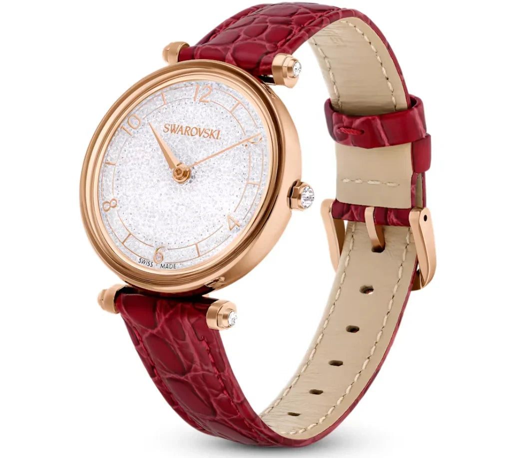 Side angle view of Crystalline Wonder watch showing red crocodile leather strap and cream interior