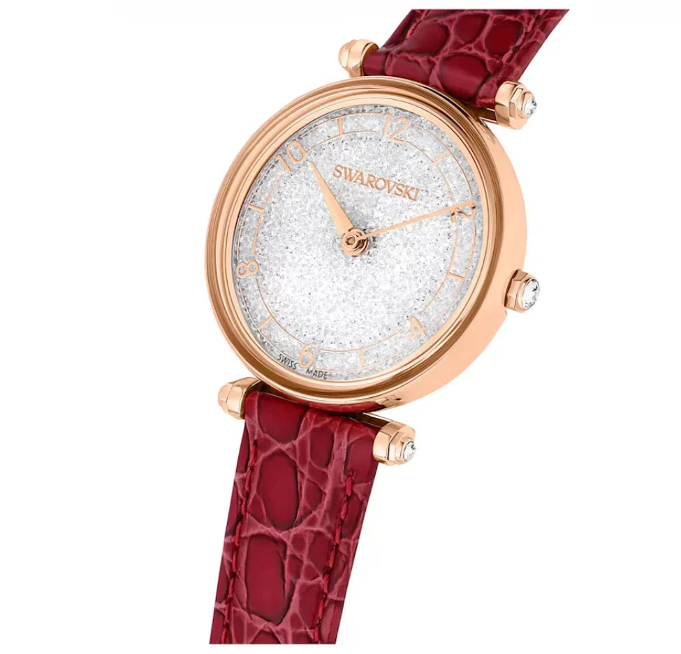 Side view of Crystalline Wonder watch with red leather strap and rose-gold case