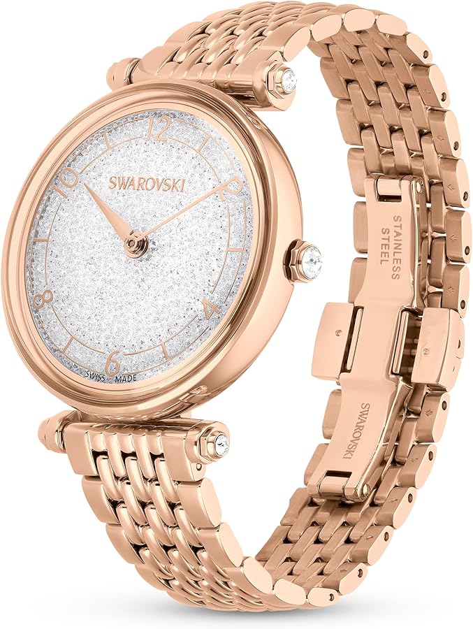 Swarovski Crystalline Wonder rose gold women's watch angled view showing crystal dial and bracelet detail